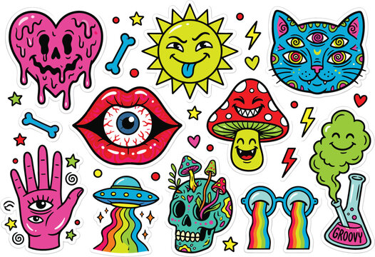 Groovy psychedelic sticker set vector design with trippy skull mushroom melting heart third eye cat alien ufo and rainbow elements in vibrant neon colors