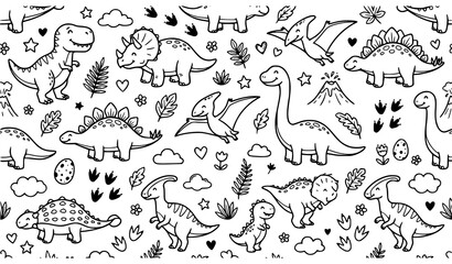 Cute Dinosaur Seamless Pattern with Hand Drawn Doodle T-Rex, Triceratops, and Brachiosaurus Line Art Background for Kids Fabric and Wallpaper © MdFerdous