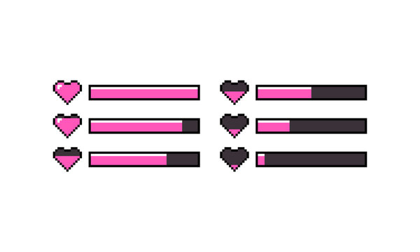 8-bit pixel art game pink heart HP health bar set