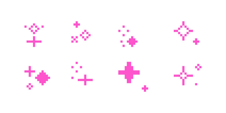 8-bit pixel art pink sparkling effect and icon decoration set