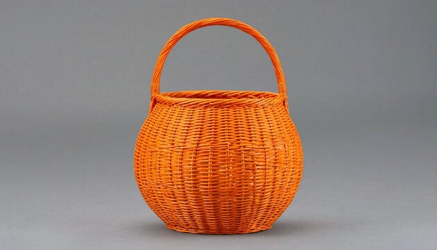 A bright orange woven wicker basket with a sturdy round handle