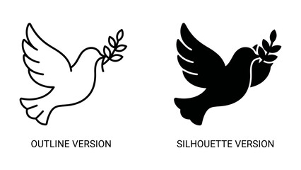 Fototapeta premium Peace Dove Symbol: An iconic symbol of peace, depicted as a dove in flight, carrying an olive branch in its beak, presented in both outline and silhouette styles for versatility.