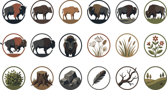 Set of flat vector icons featuring American bison in various poses and natural elements of the prairie landscape