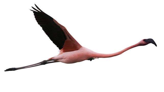 Pink flamingo bird with black wing tips flying