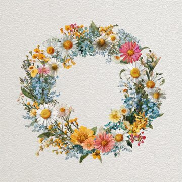 Round floral ring illustration in watercolor style with bright summer colors