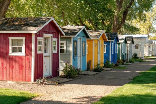 Row of colorful wooden storage sheds on display in a garden showroom