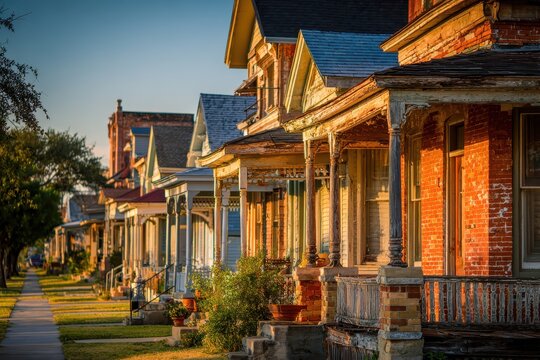 Row of vintage Texas homes with wraparound porches along a tree-lined street at golden hour