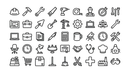 Fototapeta premium Comprehensive set of professional industry tools and business office line icons for various design projects applications and services