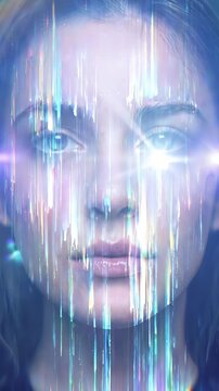 Portrait of young woman with digital glitch effects and vertical light streaks. Close-up shot with panning camera movement.