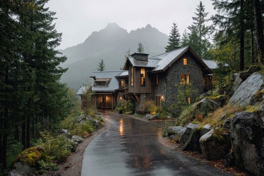 Rugged stone and timber mountain retreat surrounded by evergreen forest and damp pavement