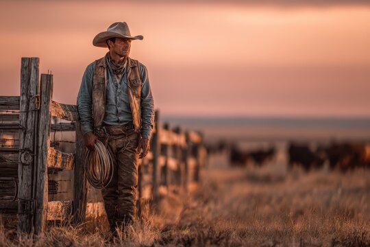 Rugged Texas Cowboy at Golden Hour on a Cattle Ranch