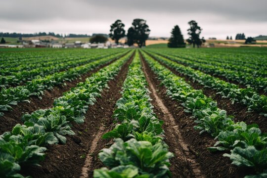 Rural agriculture: long rows of sugar beets in an expansive field