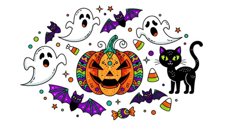 Fototapeta premium Cute halloween illustration with pumpkin, ghosts, bats, and candy isolated on transparent background