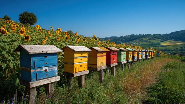 Rural Italian apiary with vibrant hive colors and blooming sunflowers