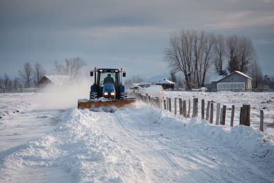 Rural landscape with a plow-equipped tractor clearing fresh snow