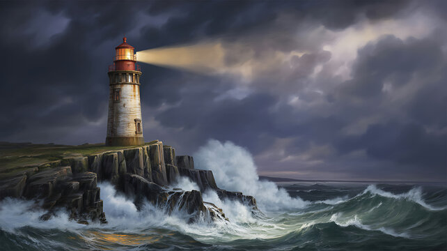 Old lighthouse standing on a rocky cliff with a bright beam of light shining over the rough dark ocean waves during a stormy and cloudy day with dramatic weather and powerful sea spray