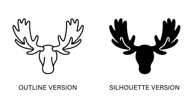 Moose Head Icon Set: Two stylized representations of a moose head, one as a clean outline and the other as a solid silhouette, perfect for graphic design and branding.