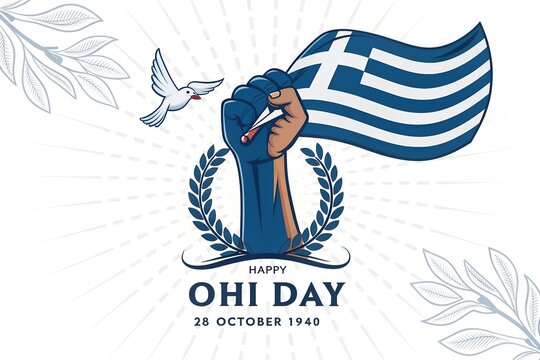 Happy ohi day commemoration with raised fist and greek flag graphic, patriotism