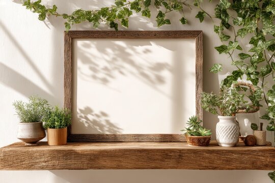 Rustic A4 horizontal wooden frame on a shelf with fresh greenery