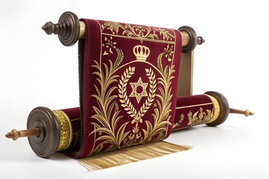 Torah scroll with velvet cover and gold embroidery of star of david, religion