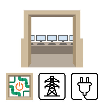 Icons of computer office power line electricity plug and green pipeline system  modern technology and infrastructure concepts