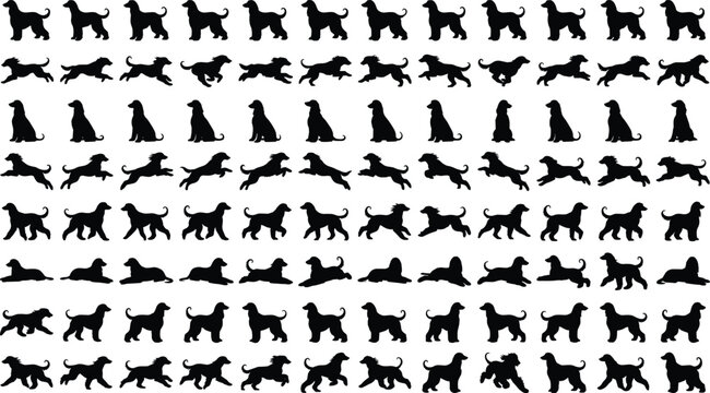 Detailed collection of black dog silhouettes in various action poses and walking sequences vector illustration