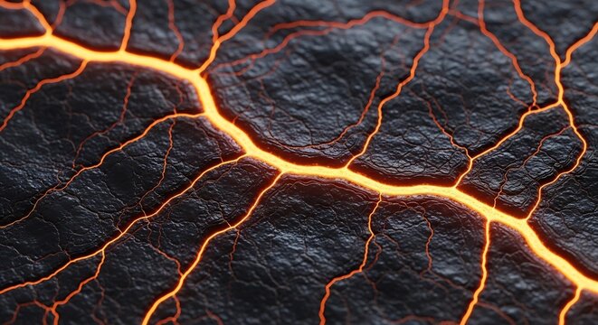 Molten magma flowing through dark volcanic rock texture