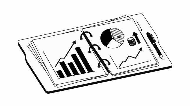 Open binder with financial charts coins and pen on clipboard