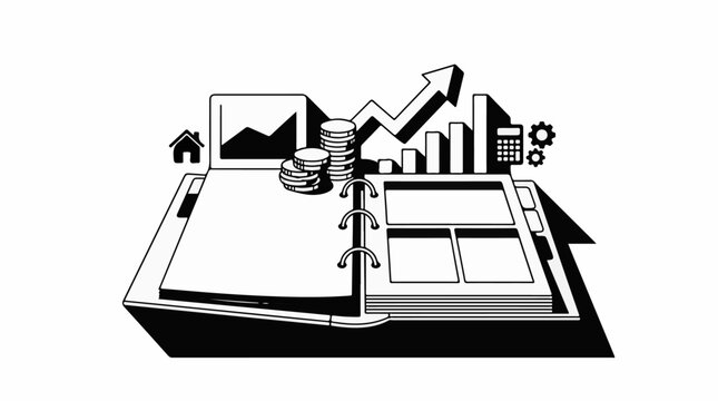 Open binder with financial charts coins calculator and gears