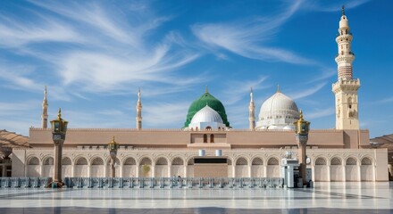 Fototapeta premium Almasjid annabawi, the prophets mosque in medina, saudi arabia, under a bright blue sky with wispy clouds