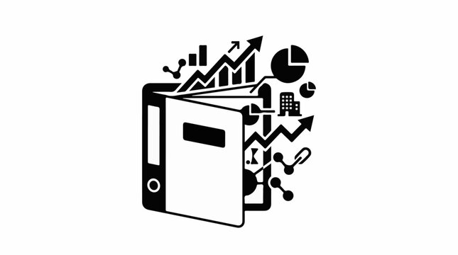 Open binder with financial charts graphs and business icons emerging