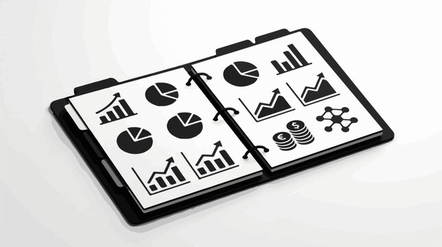 Open binder with pages displaying various business and financial charts and icons