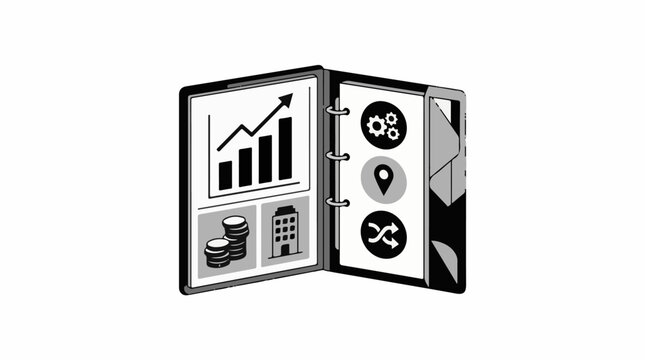 Open binder with financial growth office coins gear location shuffle icons