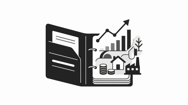 Open binder with growth charts coins house factory and plant