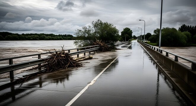 Flooded Bridge Overtaken by Overflowing River Following Heavy Rain and Extreme Weather Event