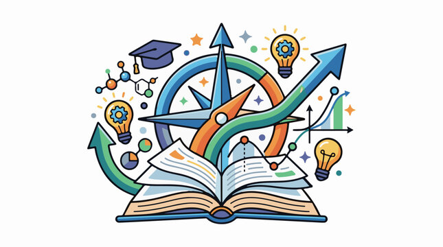 Open book compass lightbulbs graduation cap and graphs symbolize learning and growth