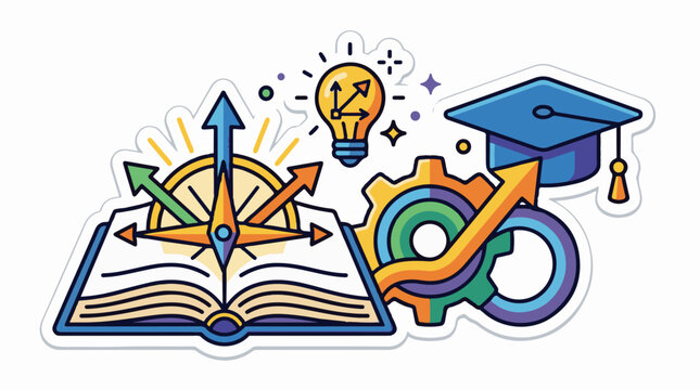 Open book compass lightbulb graduation cap and gears symbolize learning and success