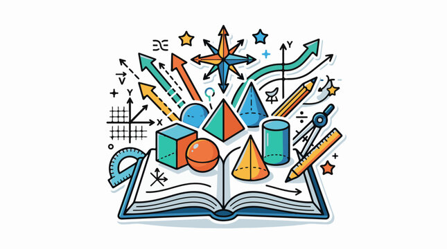 Open book with geometry shapes arrows and math symbols