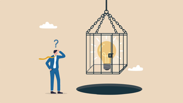 Business risk or challenge, mistake or failure, bad and stupid idea self sabotage, business trap and pitfall concept, doubtful businessman looking at lightbulb idea thinking it look like noose trap