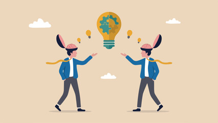 Exchange idea from brainstorm to get new solution to solve problem, sharing knowledge, creativity and innovation concept, businessman open from human brain head to exchange business lightbulb ideas © Ahsan