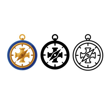 Three different colored compass icons with varying designs and styles for navigation and direction  isolated on white background