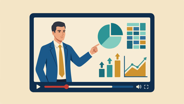 Explainer video online tutorial or training course, expertise explaining business strategy online, movie or education video clip, businessman expert explain business pie chart in video interface
