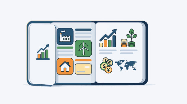 Open book displaying growth charts factory wind turbine home and coins