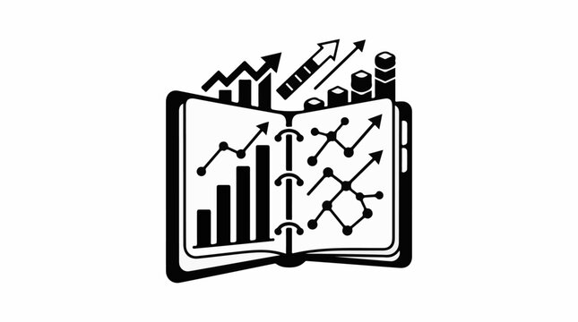 Open book displaying upward trending financial charts and graphs