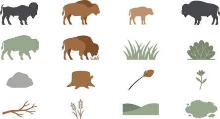 Fototapeta premium Set of minimalist flat vector icons featuring American bison in various poses with natural forest elements included