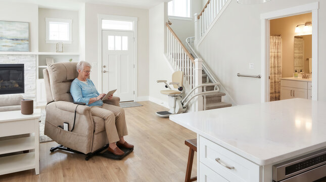 Senior woman sitting in a lift chair and using a tablet while stairlift, grab bar and medication device support independent living at home.
