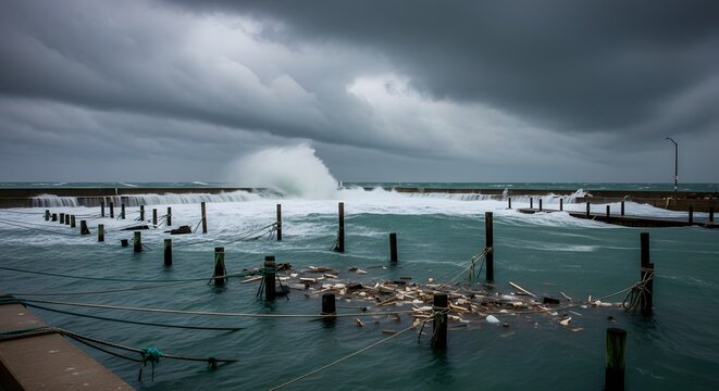 Violent Ocean Waves Flooding Harbor During Powerful Hurricane Under Dark Storm Clouds