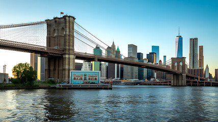 Obraz premium Brooklyn bridge and new york city skyline with tall skyscrapers in the background during a bright sunny morning with clear blue sky over the east river in a beautiful urban landscape view