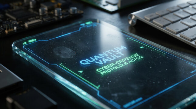 Secure quantum vault screen showing active cyber defense protocols and fingerprint protection.