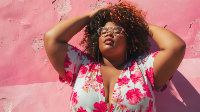 Confident curvy woman posing for apparel campaign against stylish pink background